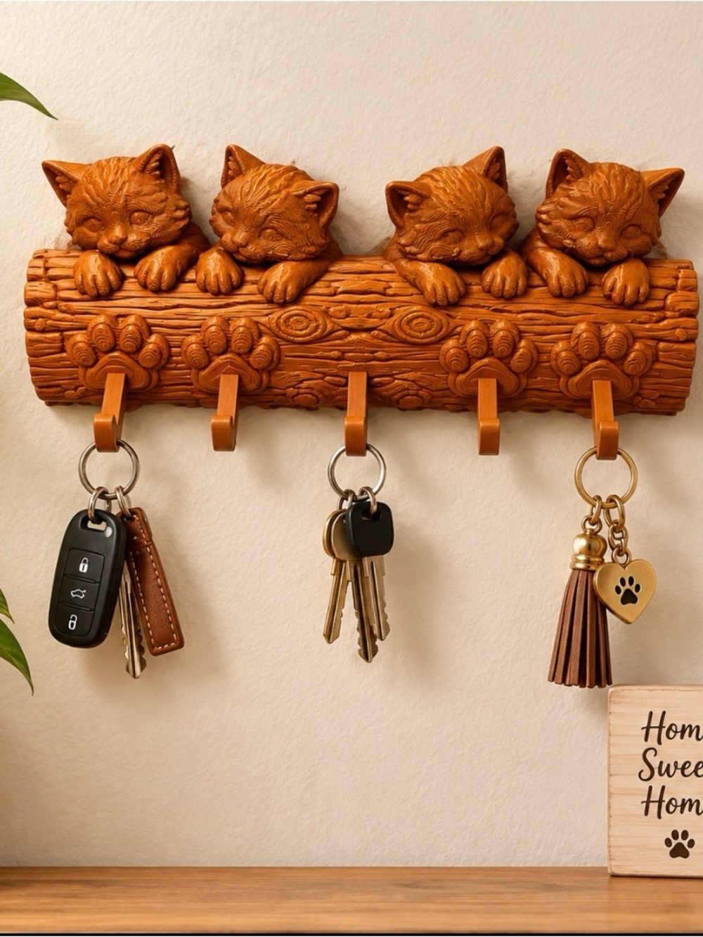 Wall-Mounted Cat Log Key Rack - Brown 3D Printed